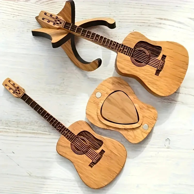 Guitar-Shaped Wooden Pick Holder Box