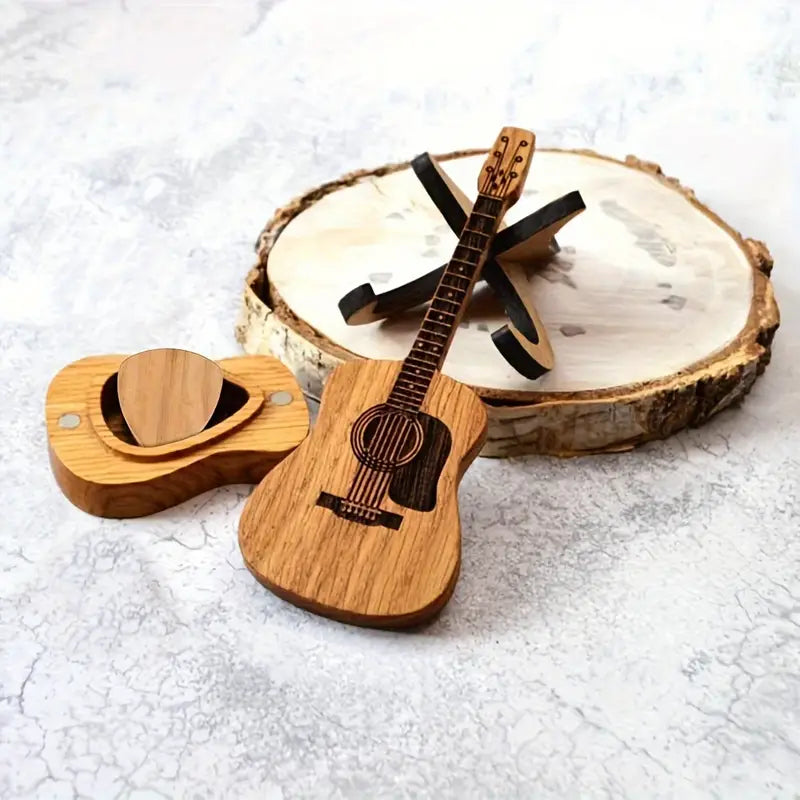 Guitar-Shaped Wooden Pick Holder Box